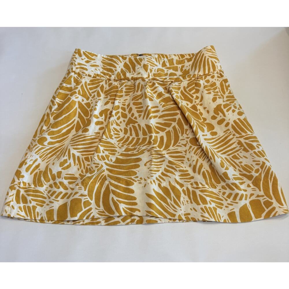 LOFT Women's Linen Blend Mini Skirt Pockets Yellow White Leaf Print Sz 6 (A0135)